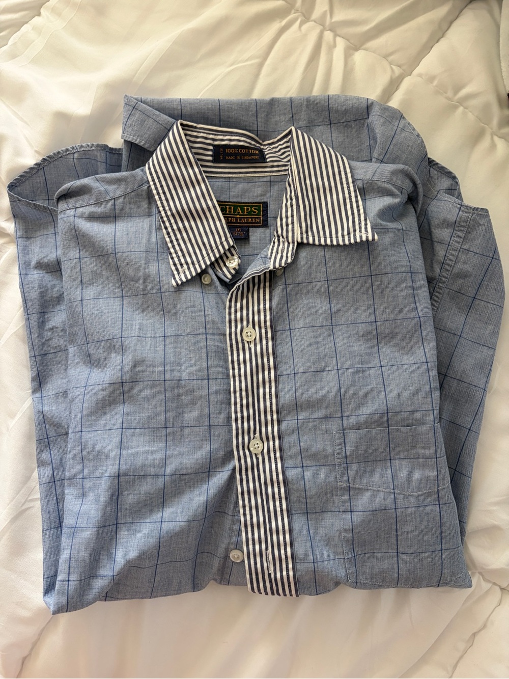 Chaps Light Blue Windowpane Button-Up Shirt with Striped Trim